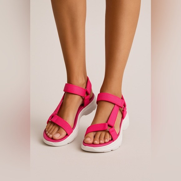BAMBOO Shoes - Women’s Hot Pink Strappy Wedge Sandals – Size 10 | Velcro Closure